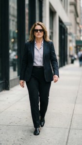 一位身穿黑色西裝同太陽眼鏡嘅女人喺城市行人路上行。