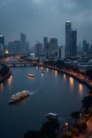 黃昏時分的城市河流，船隻和高樓被路燈和窗戶照亮 — 超高清 GIF 壁紙