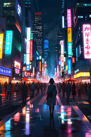 一個人在夜晚獨自走在濕漉漉嘅城市街道上，下面係發光嘅霓虹招牌同高聳嘅建築物。 — 未來風格動態圖 壁紙