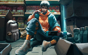 穿連帽衫的動漫男孩在雜亂的商店裡玩手提遊戲。