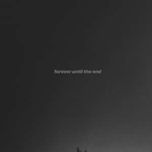 文字 forever until the end 置中於深灰色紋理背景上，底部有樹木剪影。