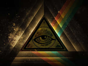 金色全視之眼符號在三角形內，帶有彩虹棱鏡，背景為星空。 — 暮光 壁紙