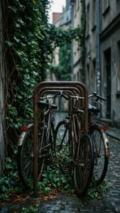 生鏽的單車停在一條狹窄的、長滿常春藤的石頭小巷中。
