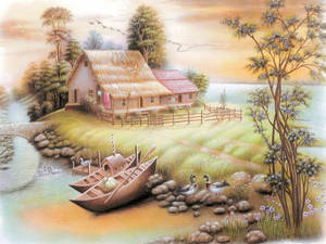 河邊小屋，有船和鴨子，夕陽下