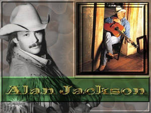 Alan Jackson戴牛仔帽在鄉村門口彈結他，附肖像拼貼。 — 灰色 GIF 壁紙