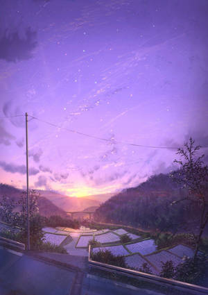暮色中的梯田，紫色天空和遠處夕陽。
