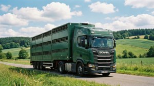 綠色Scania卡車在鄉村道路上運輸牲畜，周圍是綠色田野和藍天。
