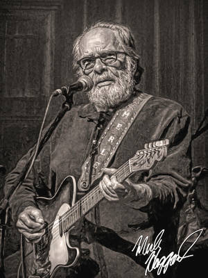 Merle Haggard 以黑白油畫形式，手持結他及咪高峰表演。 — 黑白 壁紙