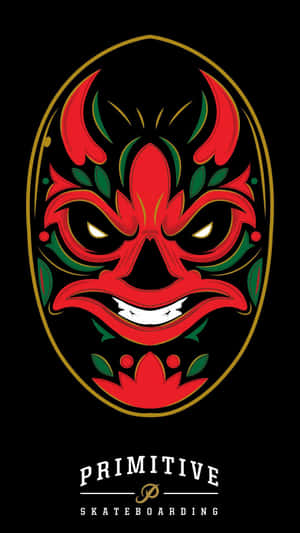 紅綠惡魔面具，發光的眼睛，金色邊框，黑色背景。