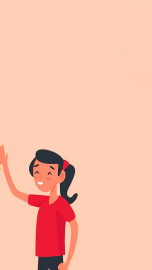 一個微笑的卡通女孩在桃色背景上揮手。 — 美學女孩 壁紙