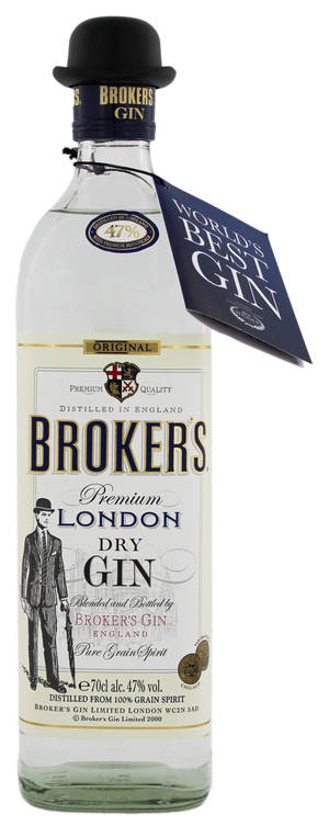 Brokers London Dry Gin 酒瓶，帶有黑色圓頂禮帽瓶塞和「World's Best Gin」標籤。