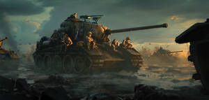 士兵們騎在坦克上，在黃昏時分穿過泥濘的戰場前進。 — 戰車世界 GIF 壁紙
