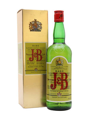 復古J&B Rare蘇格蘭威士忌酒瓶及盒子，帶有皇家徽章及贊助人名單。