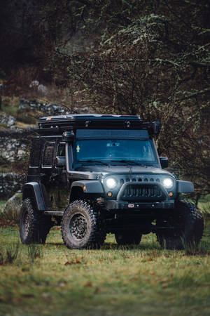 一輛啞光灰色的Jeep Wrangler停泊在草地上，周圍是冬天的光禿樹木。