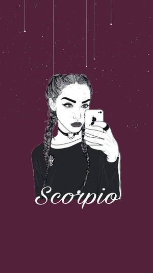 紮辮女孩在懸掛星星下自拍，下方寫有'Scorpio'。