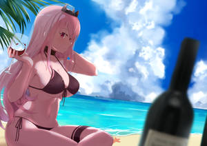 穿著比基尼的動漫女孩在熱帶海灘上享受葡萄酒，欣賞海景。