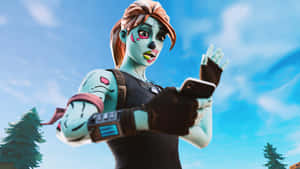 喪屍Fortnite角色在戶外藍天松樹下拿著手機。