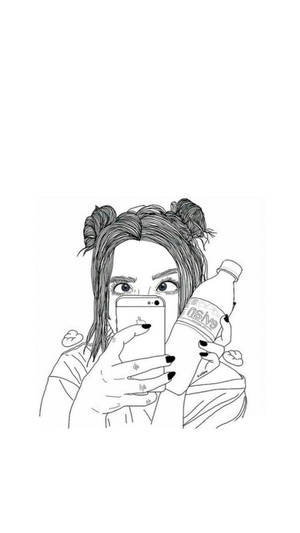 雙丸子頭女孩拿著汽水瓶自拍