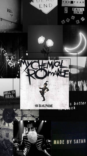 My Chemical Romance專輯藝術拼貼畫，帶有霓虹燈牌和黑暗都市元素。