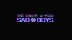 黑色背景上帶有彩虹扭曲的故障數位文字顯示 SAD BOYS 和日文字元。 — 霓虹美學 壁紙