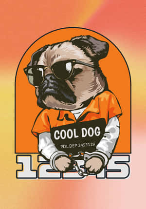 一隻卡通八哥犬戴著太陽眼鏡、身穿橙色連身衣、戴著手銬。
