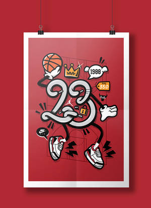 數字23的插圖海報，配有籃球鞋和1988年MVP皇冠。 — Jordan 標誌 GIF 壁紙