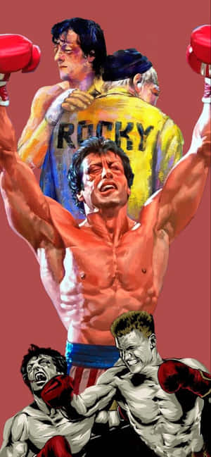 洛奇·巴爾博亞以紅色手套和黃色「ROCKY」上衣擺出勝利的拳擊姿勢。