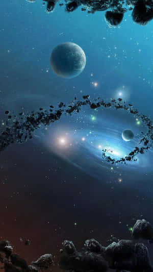 一個宇宙場景，螺旋星系被小行星和行星包圍。