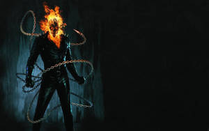 Ghost Rider 在陰雨黑暗環境中，頭骨燃燒，帶著鏈條