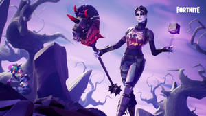 Fortnite角色在紫色幻想風景中手持惡魔錘。