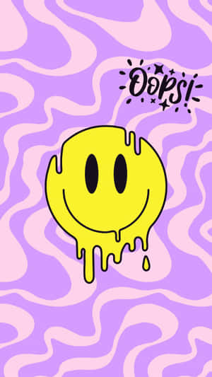 一個融化的黃色笑臉在旋轉的紫色和粉紅色背景上，帶有「OOPS!」文字。