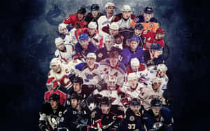 NHL 冰球運動員穿著球隊制服在星空黑暗背景下激烈擺姿勢。