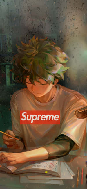 動漫男孩在雨窗邊的書桌穿著Supreme襯衫學習