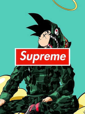 動漫角色悟空身穿帶有Supreme標誌的迷彩服裝。