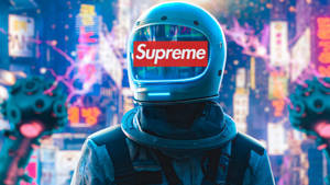 藍色太空服配Supreme標誌頭盔的太空人在霓虹城市 — 型格藍色動態 壁紙