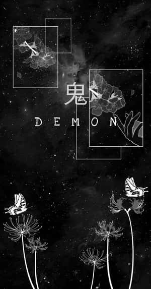 鬼魅嘅花同蝴蝶喺星光閃爍嘅宇宙夜晚漂浮，伴隨住「惡魔」呢個字。