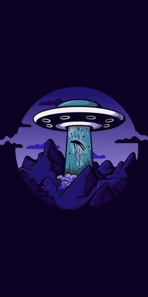 在紫色夜空下，UFO從山頂綁架了一個人影。
