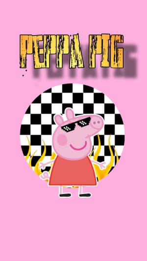 Peppa Pig 戴太陽眼鏡，身後有火焰，背景是粉紅色。 — 卡通 壁紙