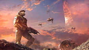 未來士兵手持武器，在夕陽下的外星行星上，伴隨著飛行船和巨大建築。