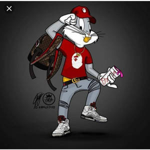 穿著時尚街頭服的卡通兔子拿著噴漆罐，背著背包。