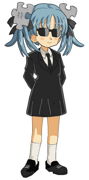 動漫女孩身穿黑色校服，藍色頭髮，配戴拼圖塊飾品。