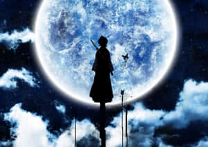 藍月亮下持劍的剪影戰士，蝴蝶和雲 — 靚靚動畫 壁紙