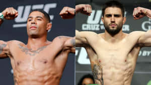 兩名赤裸上身的男性UFC拳手在稱重活動中展示肌肉。