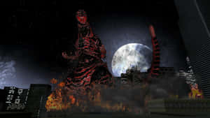 巨型怪物在夜間用火焰和滿月摧毀城市 — 哥斯拉 王者巨獸 壁紙