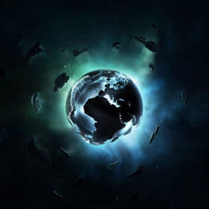 像素化的地球被發光宇宙空間中漂浮的數位碎片所環繞。 — 行星 壁紙