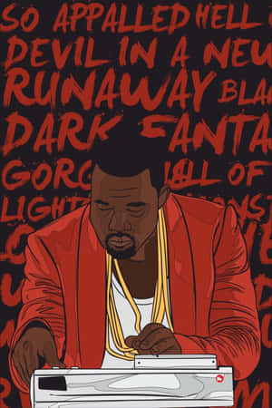 Kanye West 身穿紅色外套和金色鏈條在唱盤前，背景為紅色文字。