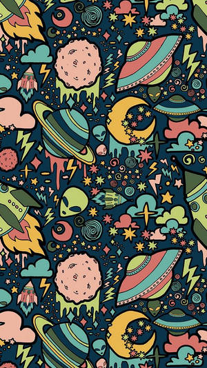 色彩繽紛的太空塗鴉圖案，包含外星人、火箭和行星。 — 太空美學 GIF 壁紙