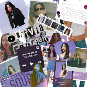 一張色彩繽紛的粉絲自製拼貼畫，包含 Olivia Rodrigo 的照片、手寫筆記和 Spotify 專輯封面。