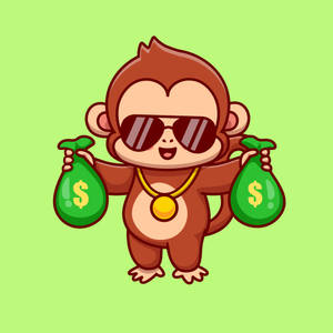一隻戴著太陽眼鏡和金鏈的卡通猴子，拿著兩個綠色錢袋。 — 可愛猴子gif 壁紙