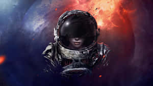 太空人頭盔破裂，在熾熱行星附近的太空中漂浮。
